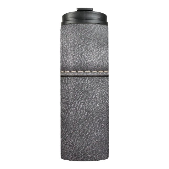 Schwarzes Leder mit weißer Heftung Thermosbecher (Vorderseite)