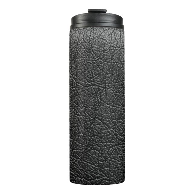 Schwarzes Leder: nahtlose Nahtstruktur. Thermosbecher (Vorderseite)