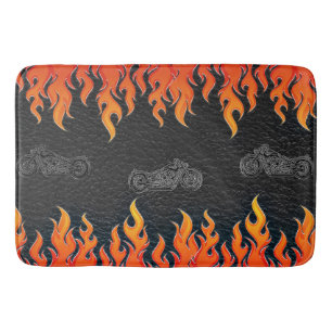 Schwarzes Leder Orange Flammen Hot Fire Motorrad Badematte