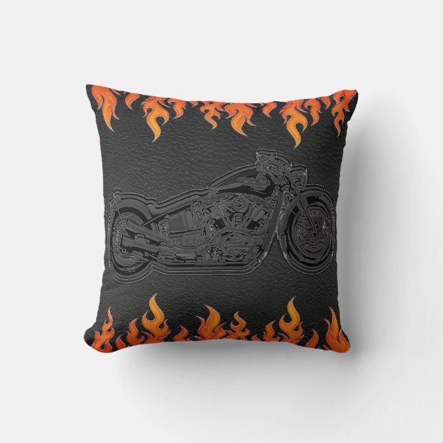 Schwarzes Leder Orange Flammen Hot Fire Motorrad Kissen (Vorderseite)