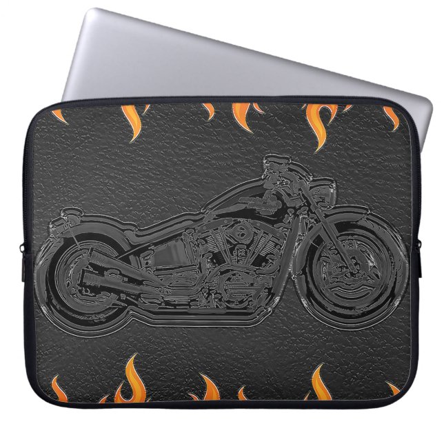Schwarzes Leder Orange Flammen Hot Fire Motorrad Laptopschutzhülle (Vorderseite)