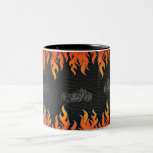 Schwarzes Leder Orange Flammen Hot Fire Motorrad Zweifarbige Tasse