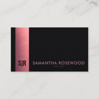 Schwarzes Leder & Rosé Metallic Panel Monogramm Visitenkarte