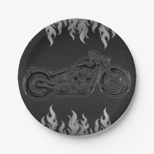 Schwarzes Leder Silber Chrom Motorrad Biker Party Pappteller