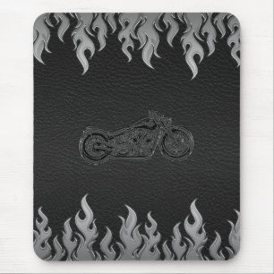 Schwarzes Leder Silber Flammen Chrom Motorrad Mousepad