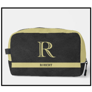 Schwarzes Leder Textur Gold Monogram Name Waschbeutel