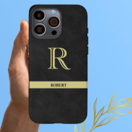 Schwarzes Leder Textur Monogram Name Gold iPhone 16 Pro Max Hülle