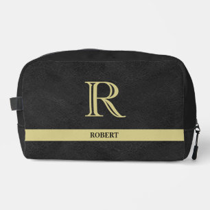 Schwarzes Leder Textur Trim Gold Monogram Name Waschbeutel