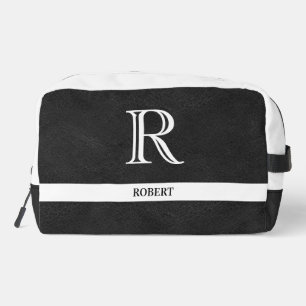 Schwarzes Leder Textur Trim White Monogram Name Waschbeutel