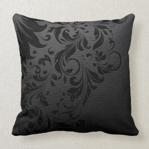 Schwarzes Leder Textur und schwarze Blütenspitze Kissen