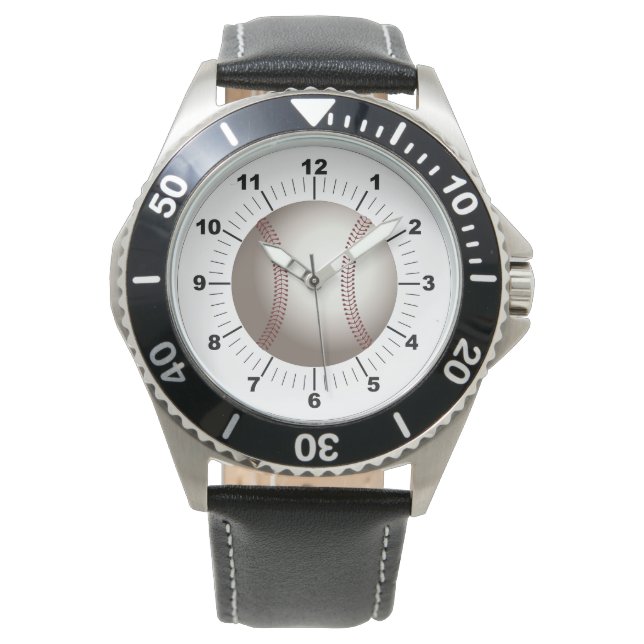 Schwarzes Lederband aus Baseball Armbanduhr (Vorderseite)