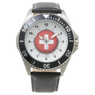 Schwarzes Lederband mit der Flagge der Schweiz Armbanduhr