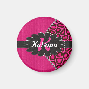 Schwarzes ledernes Monogramm auf rosa Gepard Magnet
