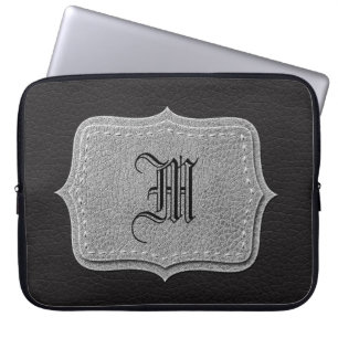 Schwarzes ledernes personalisiertes Monogramm Laptopschutzhülle