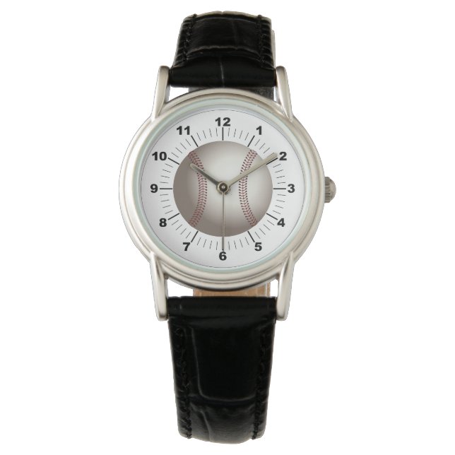Schwarzes Lederuhr aus dem Baseball Armbanduhr (Vorderseite)