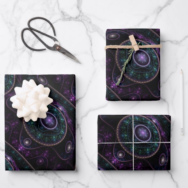 Schwarzes Lila Aquamarin Glow Magic Sphere Pattern Geschenkpapier Set (Vorderseite)