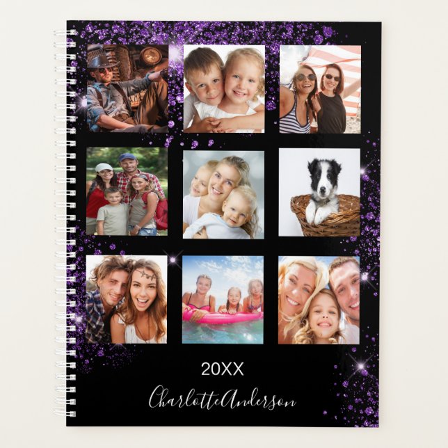 Schwarzes lila Foto-Collage Monogramm 2026 Planer (Vorderseite)