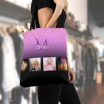 Schwarzes lila Foto Collage Monogramm Tasche<br><div class="desc">Machen Sie Ihre eigene,  einzigartige Foto Collage. Verwenden Sie vier,  vier Ihrer Lieblings-Fotos Ihrer Kinder,  Familie,  Freunde oder Haustiere! Modernes,  feminines und glamouröses Ambiente mit elegantem Schwarz und lila Gradientenhintergrund. Vorlagen für Ihr Monogramm und Ihren Namen. Weiße und dunkle lila Buchstaben. Mit goldenem Konfetti regnen als Dekoration.</div>