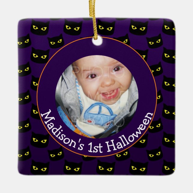 Schwarzes lila Katzenmuster 1. Halloween-Foto Keramikornament (Vorderseite)