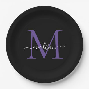 Schwarzes Lila Violett Monogramm Moderne Elegante  Pappteller