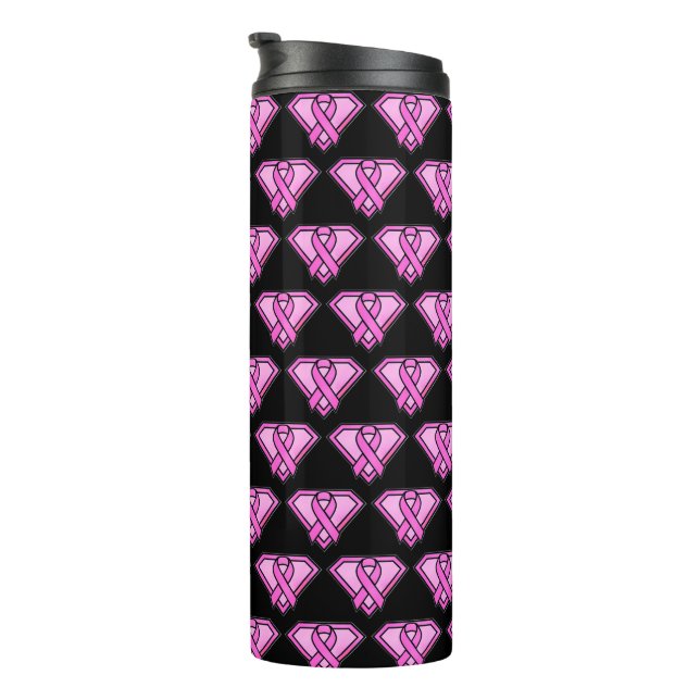 Schwarzes Logo für das Markenzeichen Brustkrebs Thermosbecher (Nach rechts gedreht)