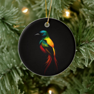 Schwarzes Luxus-Ornament mit Regenbogen-Tropenvoge Keramik Ornament