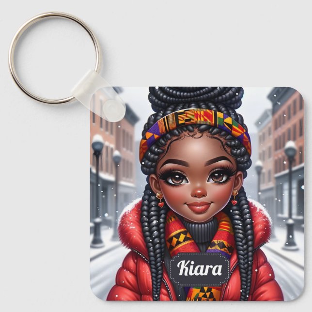 Schwarzes Mädchen Afroamerikaner mit Braids Schlüsselanhänger (Vorderseite)