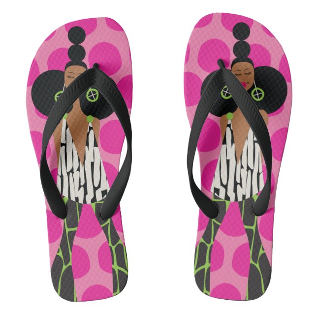 Schwarzes Mädchen auf Rosa, Schwarz, Grün und Weiß Flip Flops (Fußbett)
