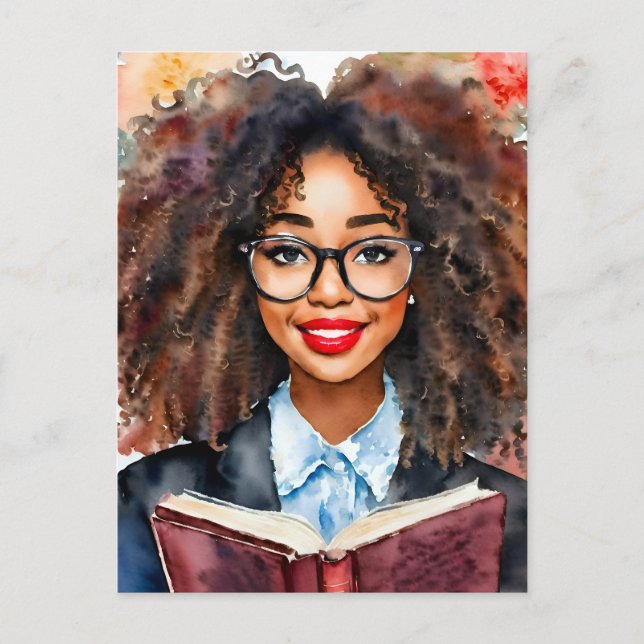 Schwarzes Mädchen in Brille mit Buch Nerdy Postkarte (Vorderseite)
