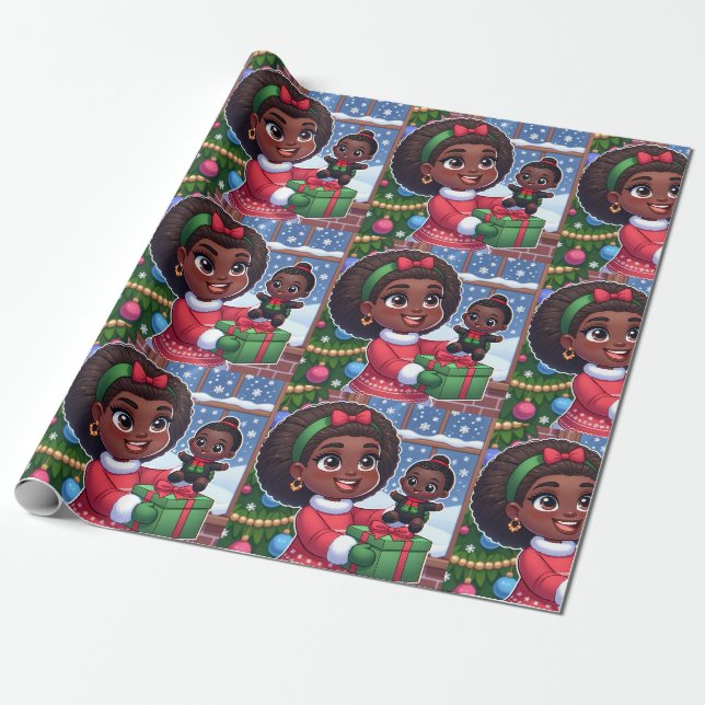 Schwarzes Mädchen mit schwarzem Puppenpapier Geschenkpapier (Ungerollt)