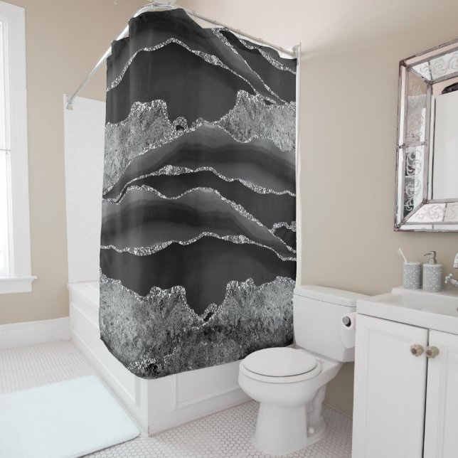 SCHWARZES MARBLE AGATE SILVER GLITZER GLAM DUSCHVORHANG (Beispiel)