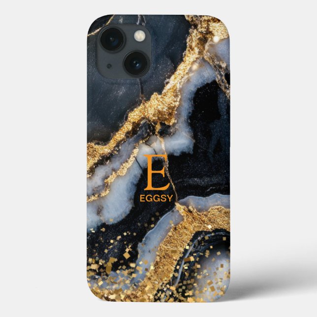 Schwarzes Marmor-Chic Gold-Glitter-Monogramm Case-Mate iPhone Hülle (Rückseite)