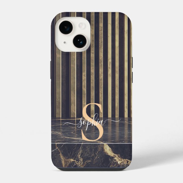 schwarzes Marmorgold-Glitter-Monogramm iPhone 14 Hülle (Rückseite)
