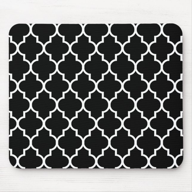 Schwarzes Marokkaner Quatrefoil Muster Mousepad (Vorne)