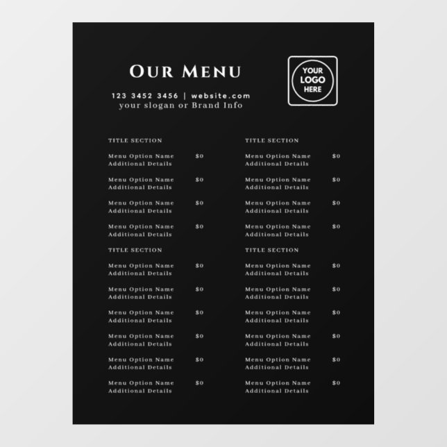 Schwarzes Menü | Personalisiertes Café & Restauran Fensteraufkleber (Blatt)