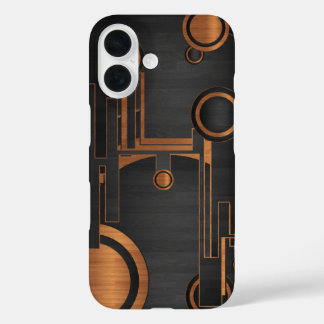 schwarzes Metall mit Holzkreisen iPhone 16 Hülle