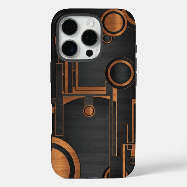 schwarzes Metall mit Holzkreisen iPhone 16 Pro Hülle (Rückseite)