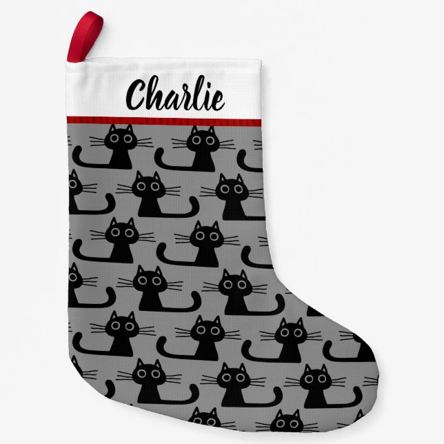 Schwarzes Miezekatze-Katzen-Muster mit Kleiner Weihnachtsstrumpf (Vorderseite)