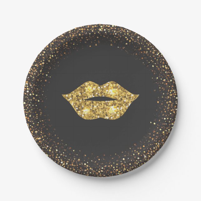 Schwarzes mit GoldGlitzer und den Goldlippen Pappteller (Vorderseite)