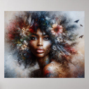 Schwarzes Model High Fashion Frau schöne Blumen Poster