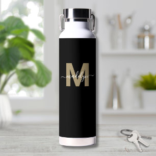 Schwarzes modernes Initialen-Monogramm Gold Trinkflasche