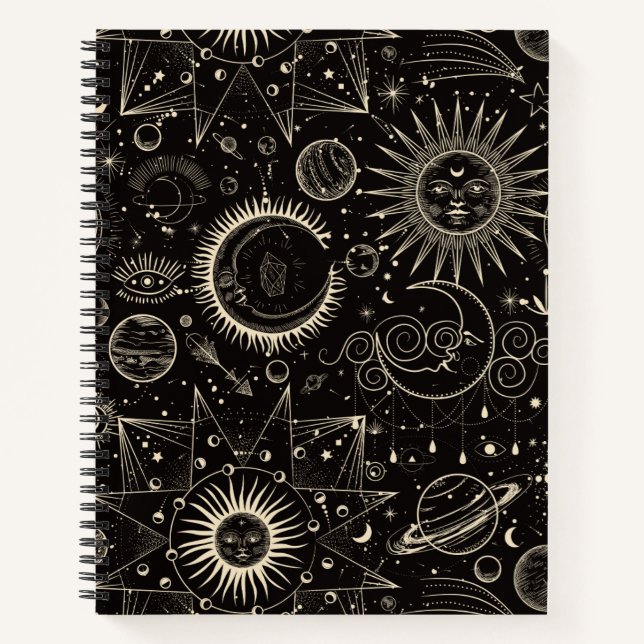 Schwarzes modernes Minimal Illustratives Universum Notizbuch (Vorderseite)
