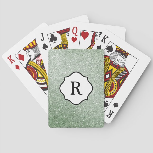Schwarzes Monogramm auf grünem Meeresrauschen-Glit Spielkarten (Rückseite)