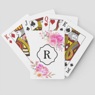 Schwarzes Monogramm auf leuchtend rosa Wasserfarbe Spielkarten