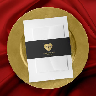 Schwarzes Monogramm Faux-Gold-Herz Hochzeit Einladungsbanderole