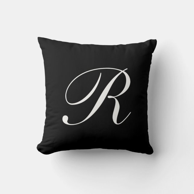 Schwarzes Monogramm-Kissen des Buchstabe-R Kissen (Vorderseite)