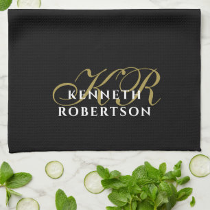 Schwarzes Monogramm Minimalist Gold Weiß Elegante Geschirrtuch