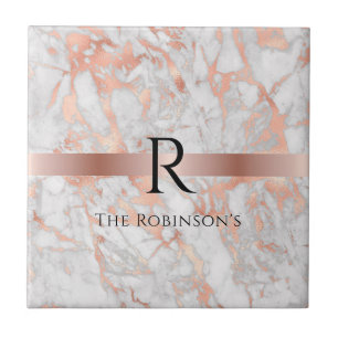 Schwarzes Monogramm & Name, Weiß & Roségold-Marmor Fliese