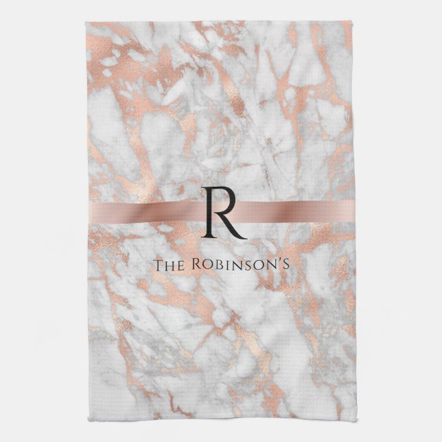 Schwarzes Monogramm und Name, Weißes und Rose-Gold Geschirrtuch (Vertikal)