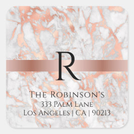Schwarzes Monogramm und Name, Weißes und Rose-Gold Quadratischer Aufkleber